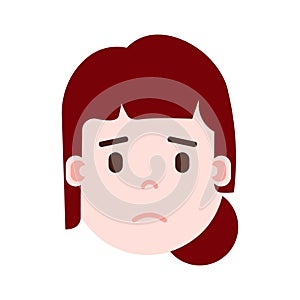 Girl head emoji with facial emotions, avatar character, woman grieved face with different female emotions concept. flat