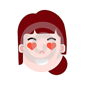 Girl head emoji personage icon with facial emotions, avatar character, woman heart in eyes face with different female