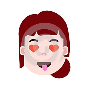Girl head emoji personage icon with facial emotions, avatar character, woman heart in eyes face with different female