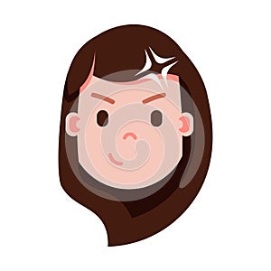 Girl head emoji personage icon with facial emotions, avatar character, woman idea face with different female emotions