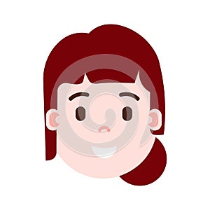 Girl head emoji personage icon with facial emotions, avatar character, woman satisfied face with different female
