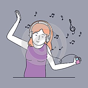 girl with headphones and dancing with mp4 technology