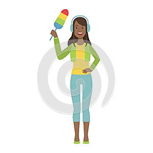 Girl In Headphones With Dust Brush, Cartoon Adult Characters Cleaning And Tiding Up