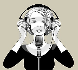 Girl with headphones in front of retro microphone