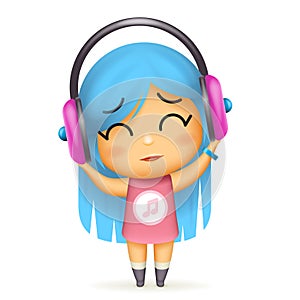 Girl headphones happy listen music isolated 3d cartoon design vector children Illustration