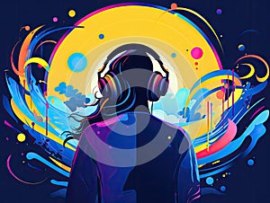 girl in headphones listening music. fantasy graffiti illustration. watercolor painting, in the style of stencil and