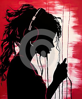 girl in headphones listening music. fantasy graffiti illustration. watercolor painting, in the style of stencil and