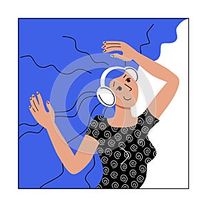 Girl with headphones listening to music dancing smiling. Concept of harmony happiness joy. Flat modern character web ui