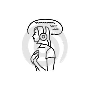 A girl in headphones listens to a mantra black line icon.