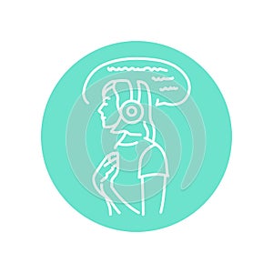 A girl in headphones listens to a mantra black line icon.