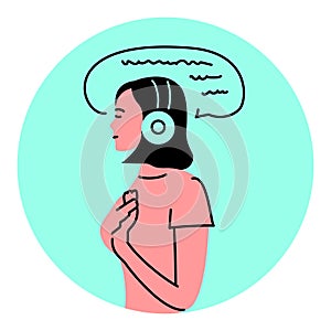 A girl in headphones listens to a mantra black line icon.