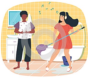 Girl with headphones sings and washes floor. Woman plays mop like guitar. Girlfriends in bathroom