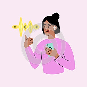 Girl in headphones with a smartphone in her hands. Young woman listening to podcasts or music and chatting