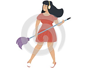 Girl with headphones washes floor. Woman plays mop like guitar. Funny person creates music