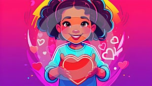 A girl with a heart in her hands on a bright neon background.