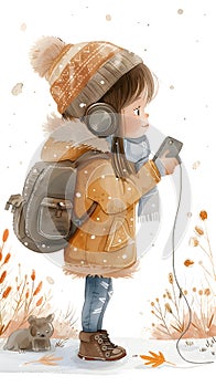 A girl with a helmet, backpack, and headphones holding a phone in the snow