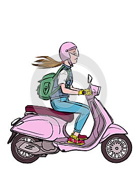 a girl with a helmet and a backpack on her shoulders travels on her scooter.  illustration