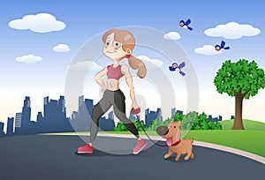 girl and her brown dog jogging together