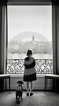 Girl and her dog are looking out over the city center through a large window