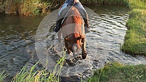 Girl with her horse swimming in the lake, slow mo.