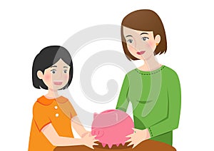 A girl with her mother holding a piggy bank