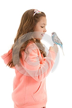 Girl with her pet bird budgerigar