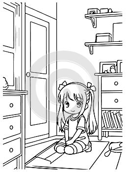 Girl in her room with cute interior. Anime girl smiling, vector coloring for children