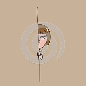 Girl hide behind wall cartoon drawing