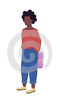 Girl hiding gift package behind back semi flat color vector character