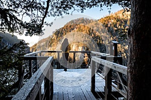 Girl hiker looking from lookoout in Kvacianska valley during winter season