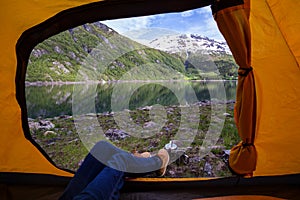 Girl hiker at the norway