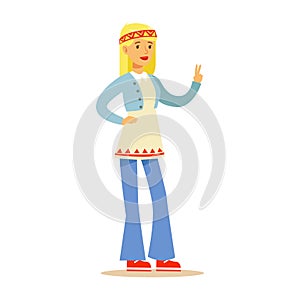 Girl Hippie Dressed In Classic Woodstock Sixties Hippy Subculture Clothes In Flared Jeans