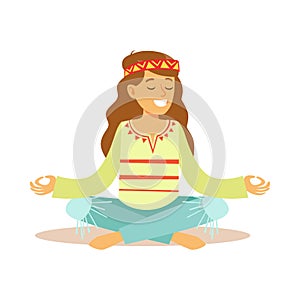 Girl Hippie Dressed In Classic Woodstock Sixties Hippy Subculture Clothes Meditating In Lotus Pose