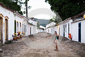 Girl historical streets Paraty, Rio de Janeiro, Brazil