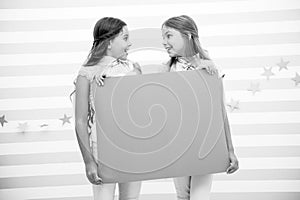 Girl hold announcement banner. Girls kids holding paper banner for announcement. Children happy with blank paper