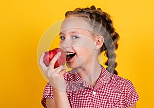 girl hold healthy apple fruit for natural vitamin eating while dieting, vegan