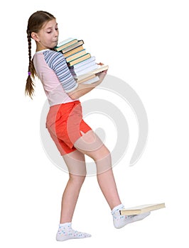 Girl hold heap of books