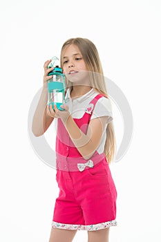 Girl hold water bottle isolated on white. Little child with plastic bottle. Only clean and fresh water. Thirst and