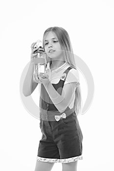 Girl hold water bottle isolated on white. Little child with plastic bottle. Only clean and fresh water. Thirst and
