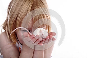 Girl hold white mouse