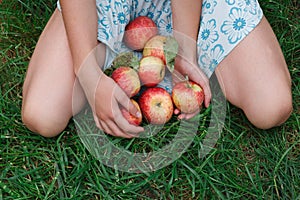 Girl holding apples in skirt, sitting on grass