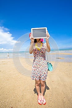 Girl holding with blackboard