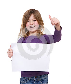 Girl holding blank poster with thumbs up gesture