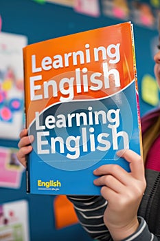 A girl holding a book titled learning english and england, AI