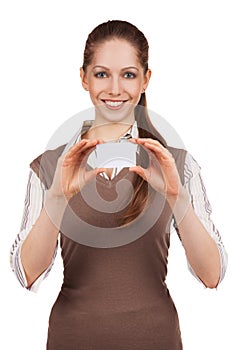 Girl holding in both hands a plastic card