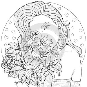 Girl holding a bouquet of flowers.Coloring book antistress for children and adults
