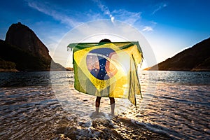 Girl Holding Brazilian Flag at the Beach