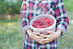 The girl is holding a bucket of ripe fresh raspberries