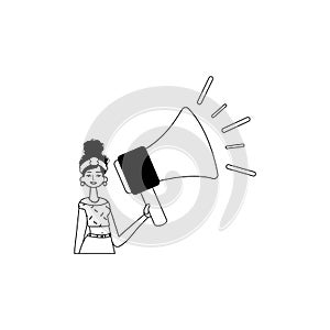 The girl is holding a bullhorn . hour concept . black and white analogue style. Trendy style, Vector Illustration