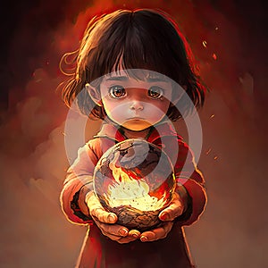 Girl Holding a Burning Earth for Environmental and Global warming concept. Generative AI